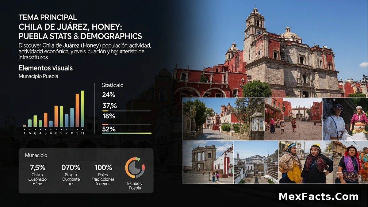 Statistical data visualization for Chila de Juárez, Honey, Puebla, highlighting demographics and economic indicators.