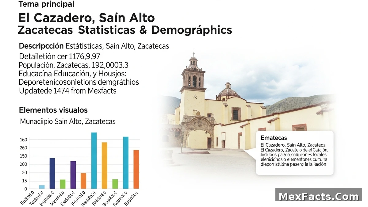 Statistical data visualization for El Cazadero, Sain Alto, Zacatecas, showing demographic charts.